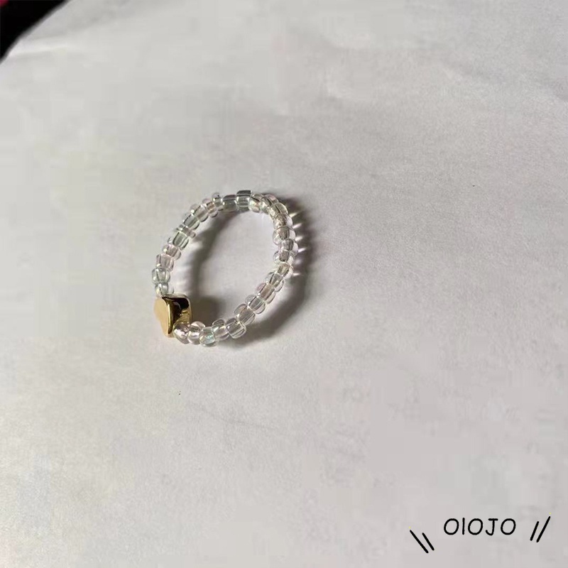 Cincin Manik-manik Kristal Wanita Tali Elastis Lucu Romantis Cincin Berbentuk Hati Yang Chic Dapat Disesuaikan - ol