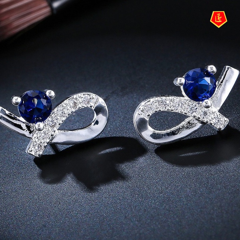 [Ready Stock]925 Silver Fashion Bow Diamond Sapphire Stud Earrings