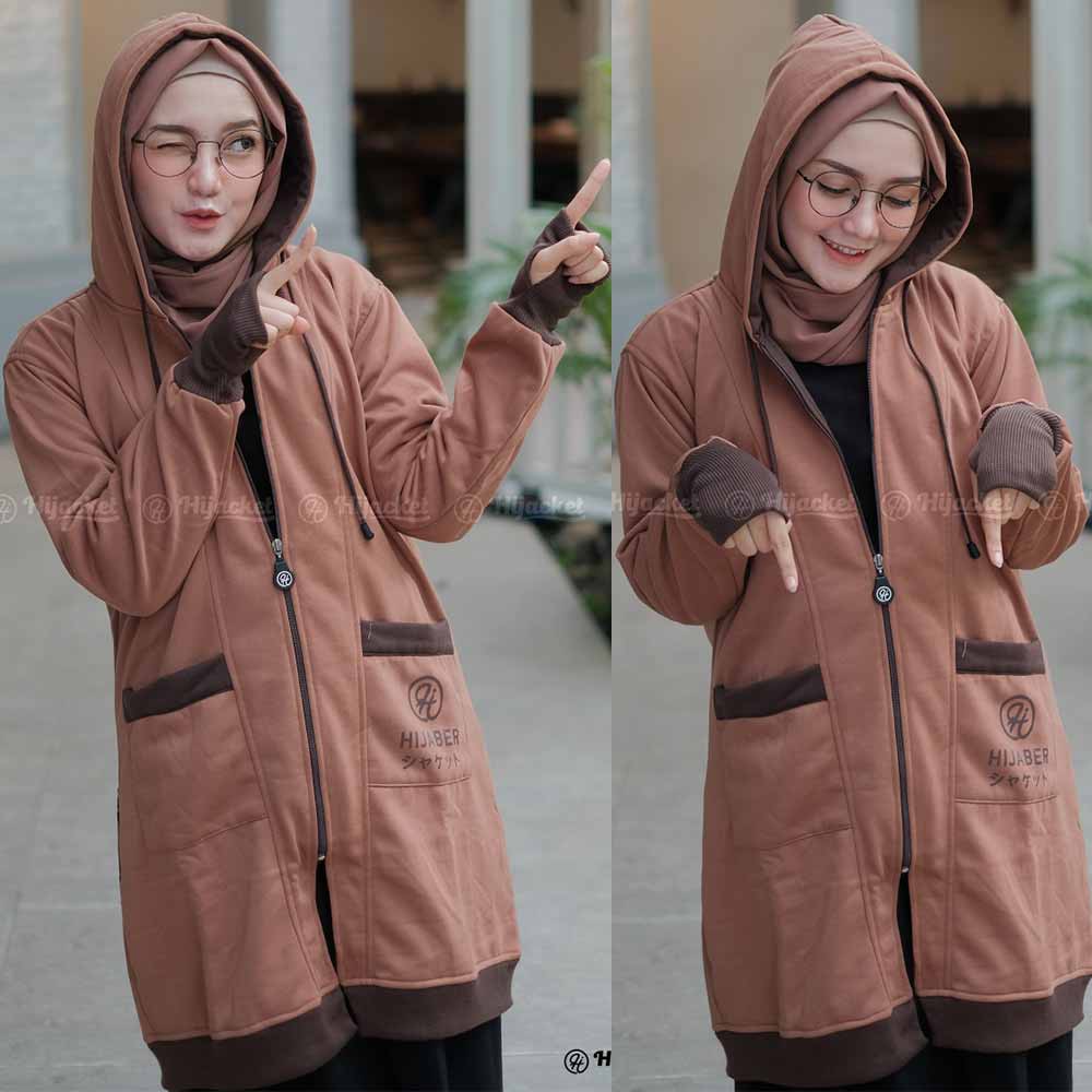 Jaket Hoodie Panjang Wanita Cewek Muslimah Hijaber Jacket Hijab Roundhand Finger Hijacket YK Coklat-8