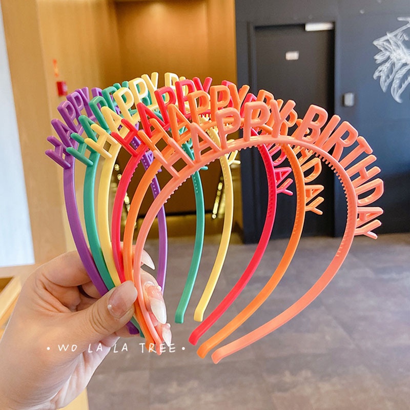 Fashion Candy Color Happy Birthday Headbands / Girls Anti-Slip Simple Style Elastic Hair Hoop / Kids Tiara Birthday Crown Party Decoration Supplies