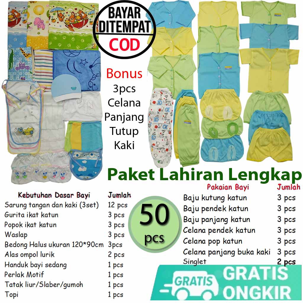 Paket 50 Pcs Lengkap Murah Perlengkapan Bayi Lahir Setelan Baju Bayi Celana Bayi Popok Singlet Gift Set Newborn Kado Murah Perempuan Laki Katun Lembut Nyaman