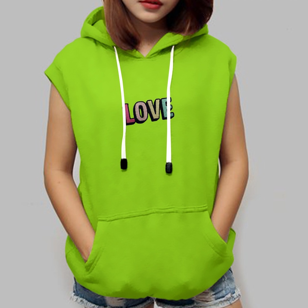 SLEEVELESS HOODIE ROMPI MOTIF BORDIR LOVE / VEST HOODIE WANITA TEBAL