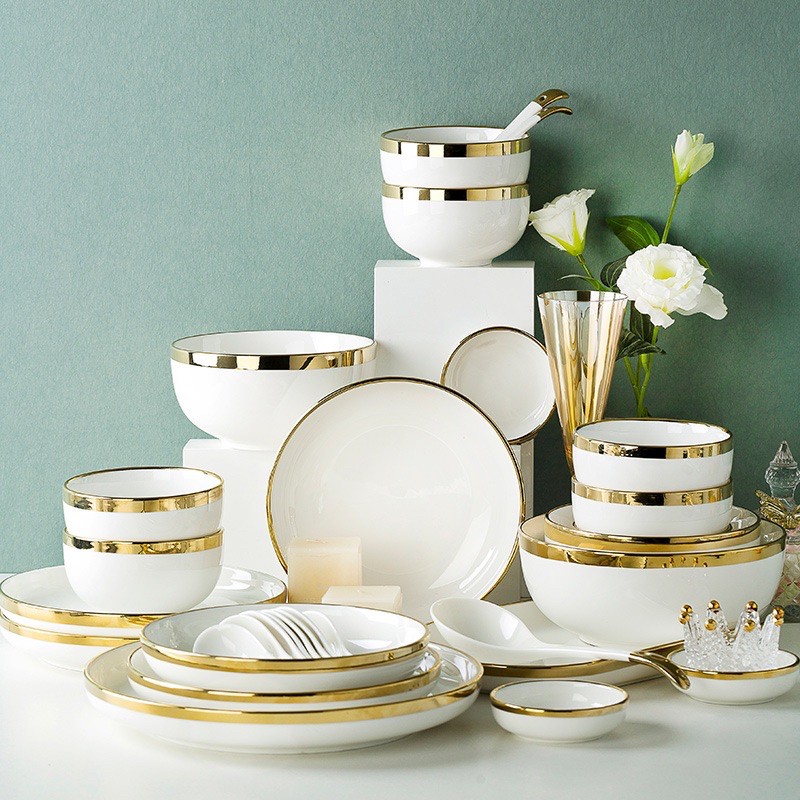 Blanc Gold Rim Plate Set / paket piring keramik putih