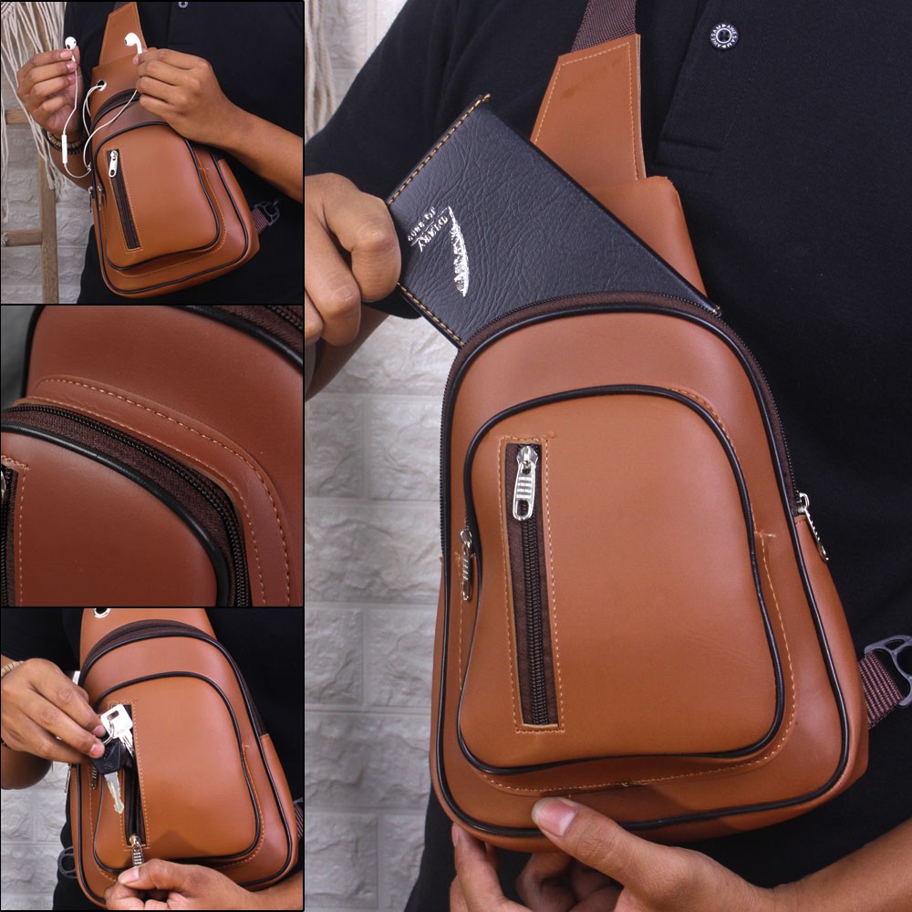 BIG SALE  ZUKO Waistbag - ESL01 / Tas Selempang / Sling Bag + Port USB Warna Hitam &amp; Coklat ESL01
