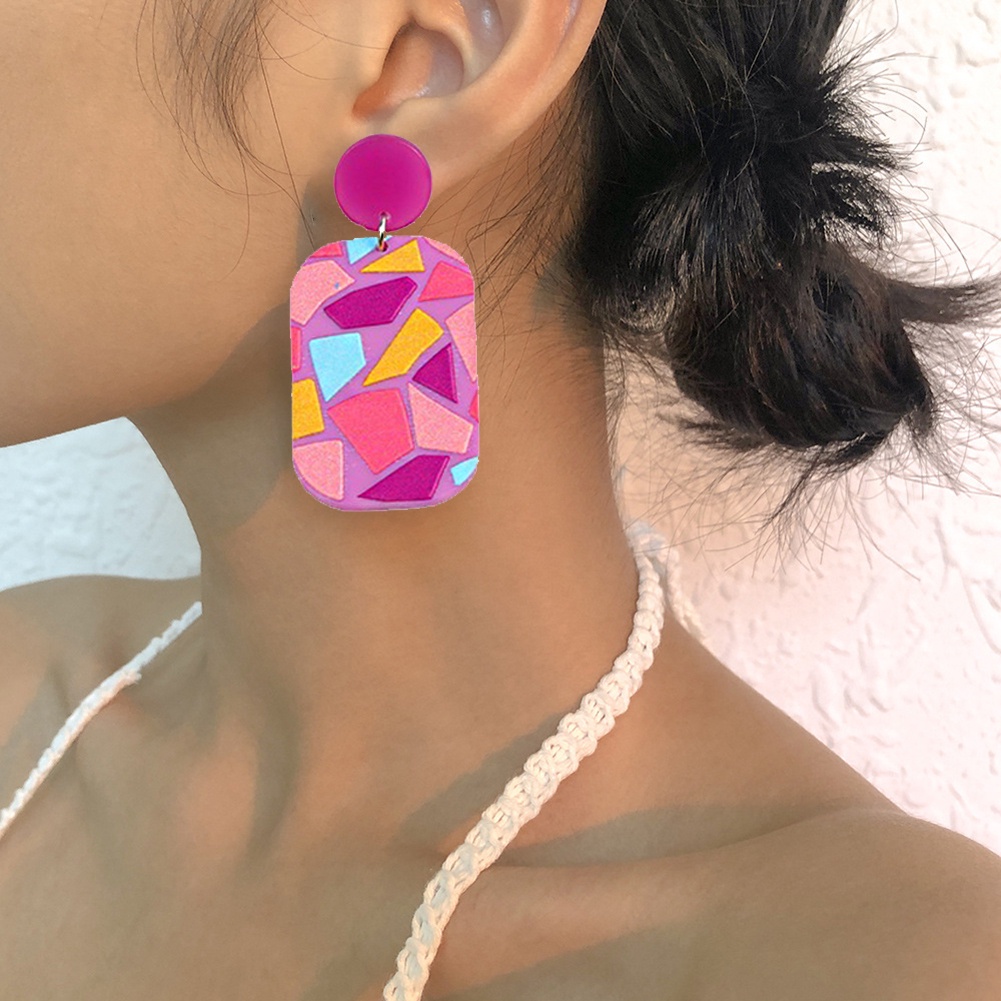 Anting Tusuk Gantung Bahan Akrilik Desain Emboss Geometri Warna Kontras Untuk Wanita