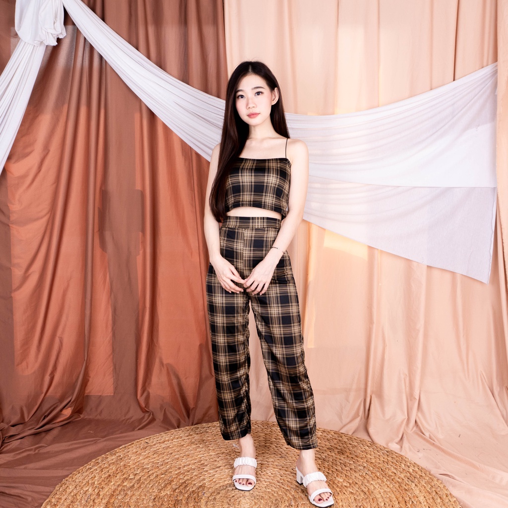 Set Honey Wanita Korean Style | Set TankTop Kotak Guilen Terkini-HITAM