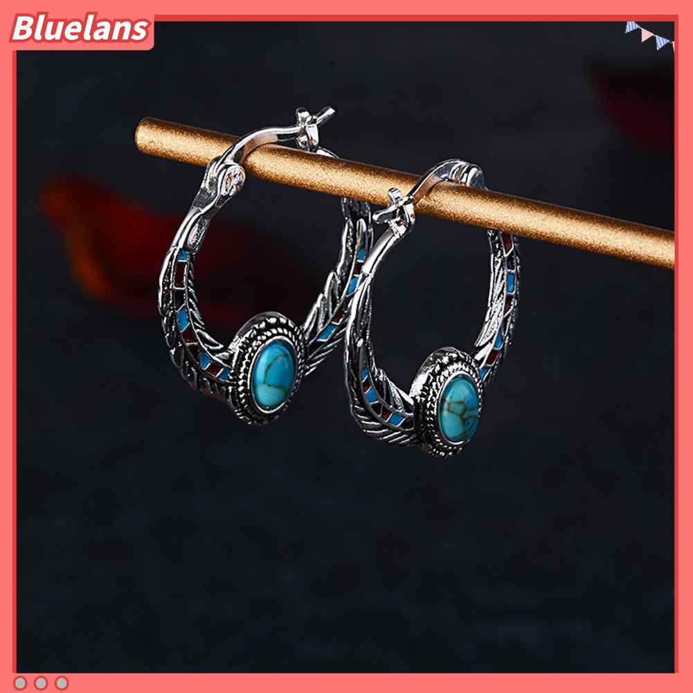 Anting Hoop Juntai Bentuk Bulu Aksen Turquoise Tiruan Gaya Vintage Untuk Wanita