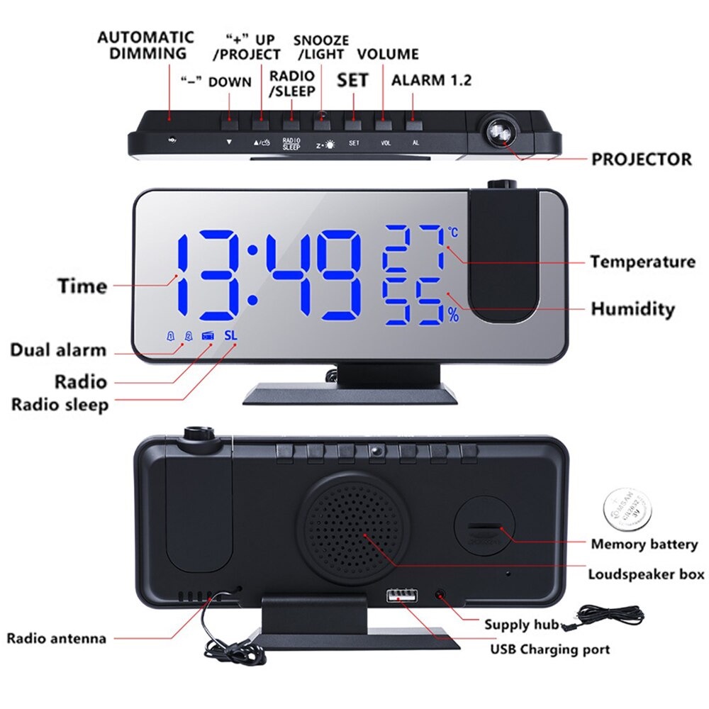 Jam Alarm Digital Proyektor Temperature Humidity FM Radio - EN8827 - Black White