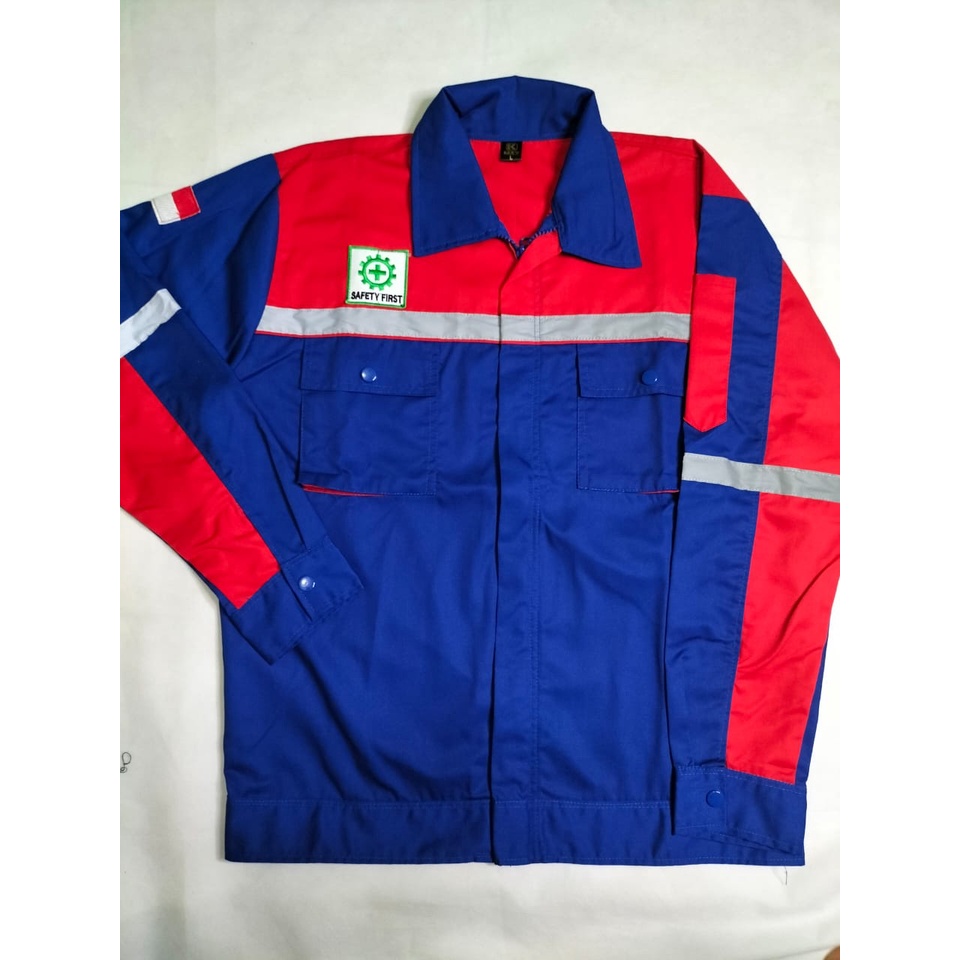 Baju Atasan Safety | Kemeja Wearpack Proyek Lengan Panjang | Merah - Biru Benhur