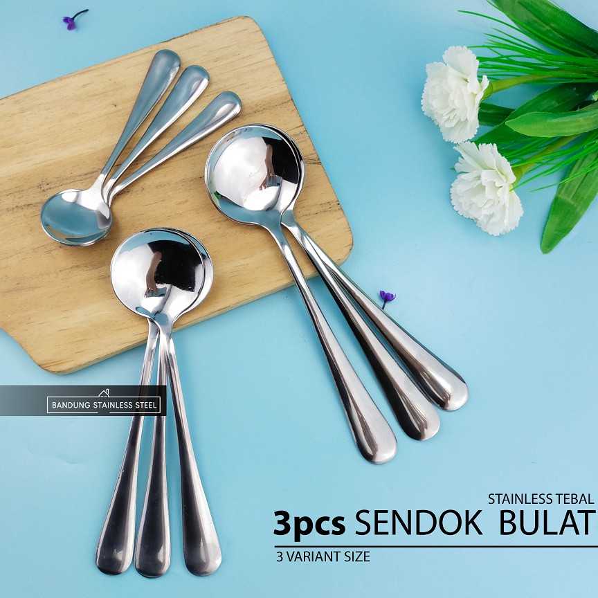 3pcs Sendok Bulat Stainless Tebal Sup Soup Spoon Es Krim Dessert Finishing Halus Hotel Standar