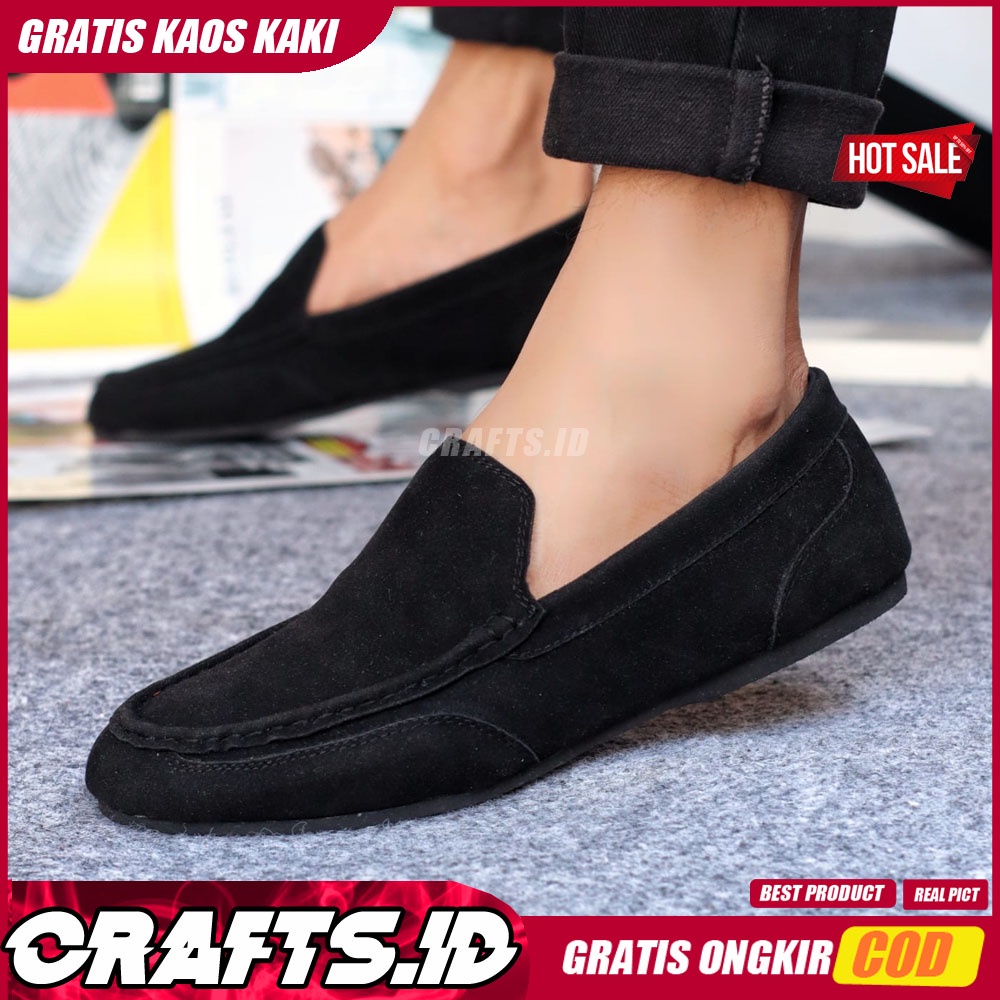 CRAFTS X MOODMAX Sepatu Slip On Pria Sepatu Casual Pria Slip Slop Kulit Suede AntiSlip Cowok/Cowo Original Sepatu Kasual Kerja Kantor Kondangan Gaya Santai Keren Kekinian Murah Terlaris