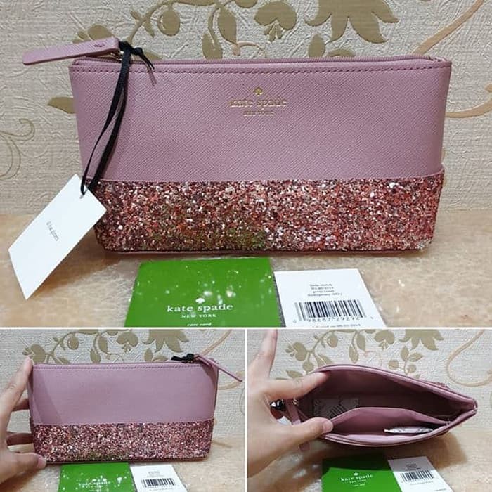 dompet Kate Spade Shiloh Pink Glitter Cosmetic Pouch original