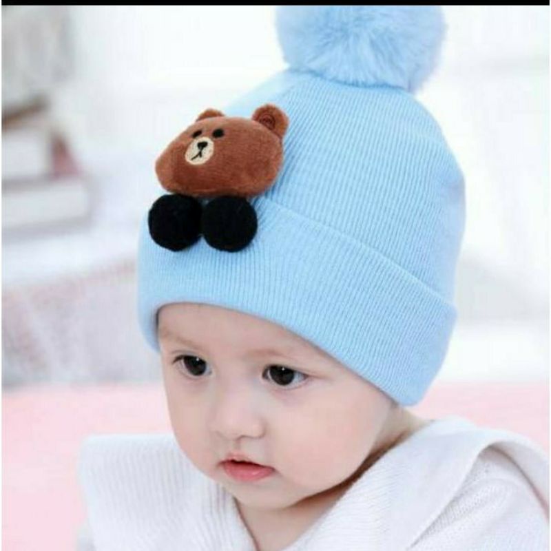 Topi bayi kupluk model boneka pompom usia 0-12 bulan