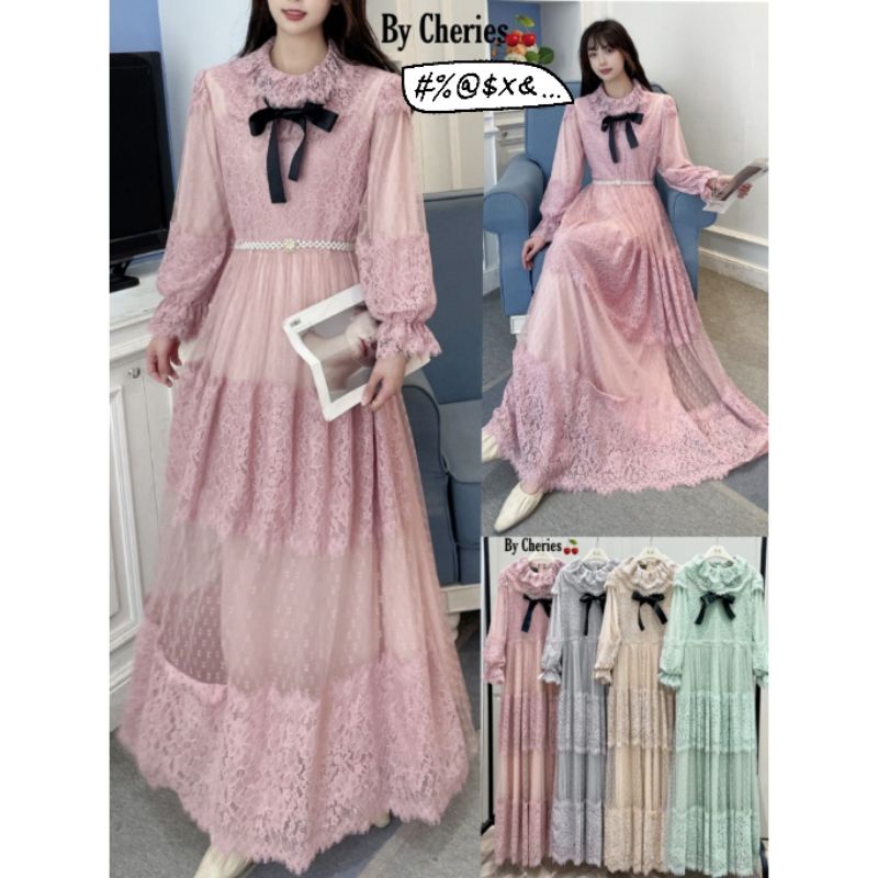 Gamis Import + Belt Mutiara Maxi Dress Import Cheries Brukat Pita Hitam (FCODI682)