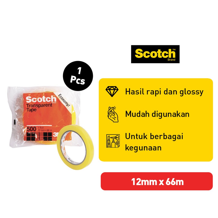 

3M Scotch Tape 500 12MM x 66M / Selotip Isolasi Lakban Bening 1/2 Inch 3M