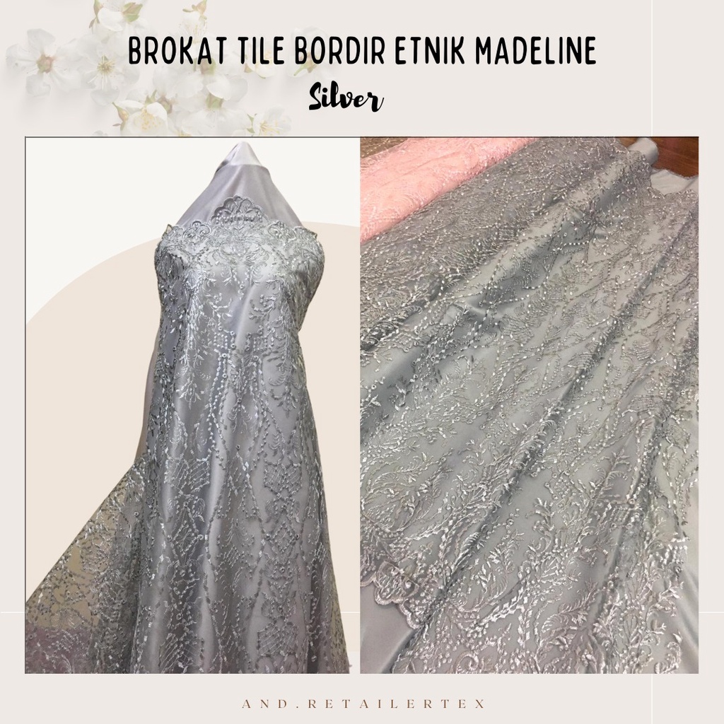 Kain Bahan Kebaya Premium Motif Etnik Tile Bordir Madeline Warna Silver