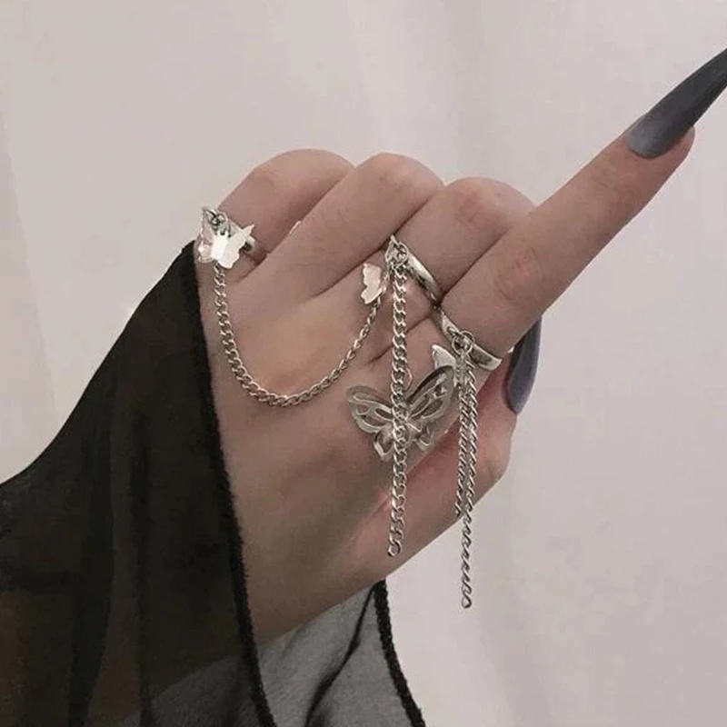 [Fashion Vintage Punk Butterfly Chain Adjustable Rings For Women] [ Elegant Ladies Smooth Fine Thin Finger Ring] [Lovely Jewelry Gifts For Girl Friends]