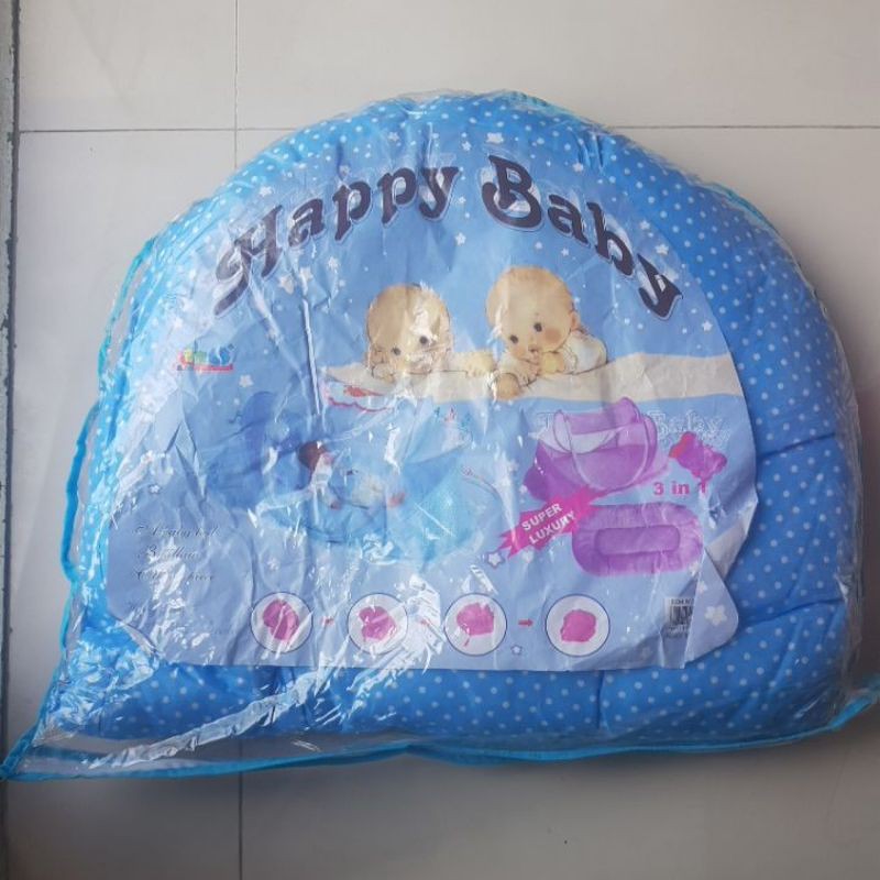 Kasur lipat bed bayi anak laki / boy merk HAPPY BABY 3 in 1 blue travel matras kelambu bantal