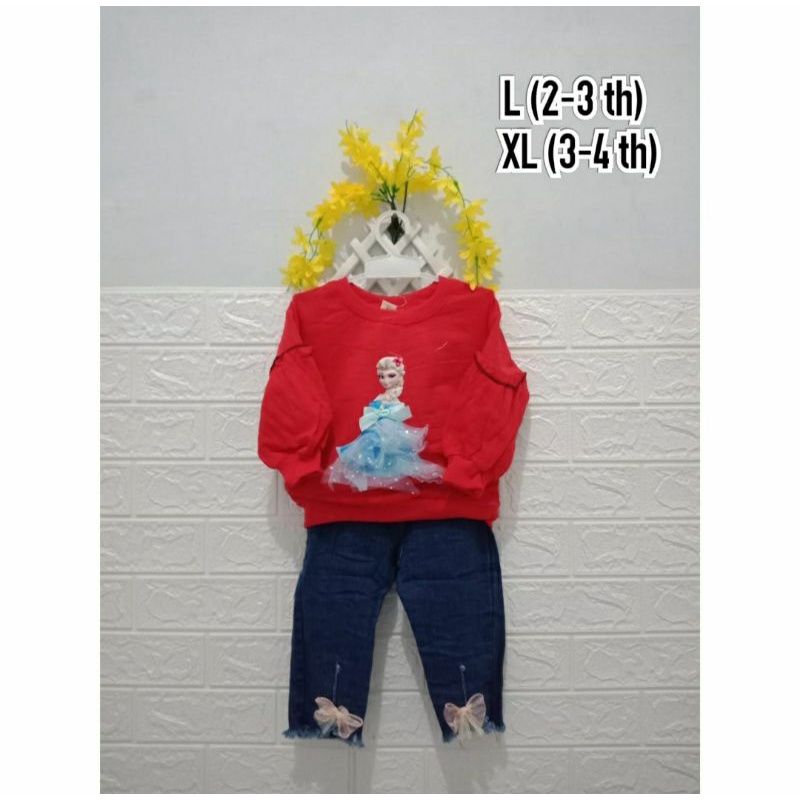 SETELAN FROZEN ELSA IMPOR / BAJU FROZEN ELSA DAN CELANA JEANS ANAK PEREMPUAN / SETELAN CELANA JEANS 