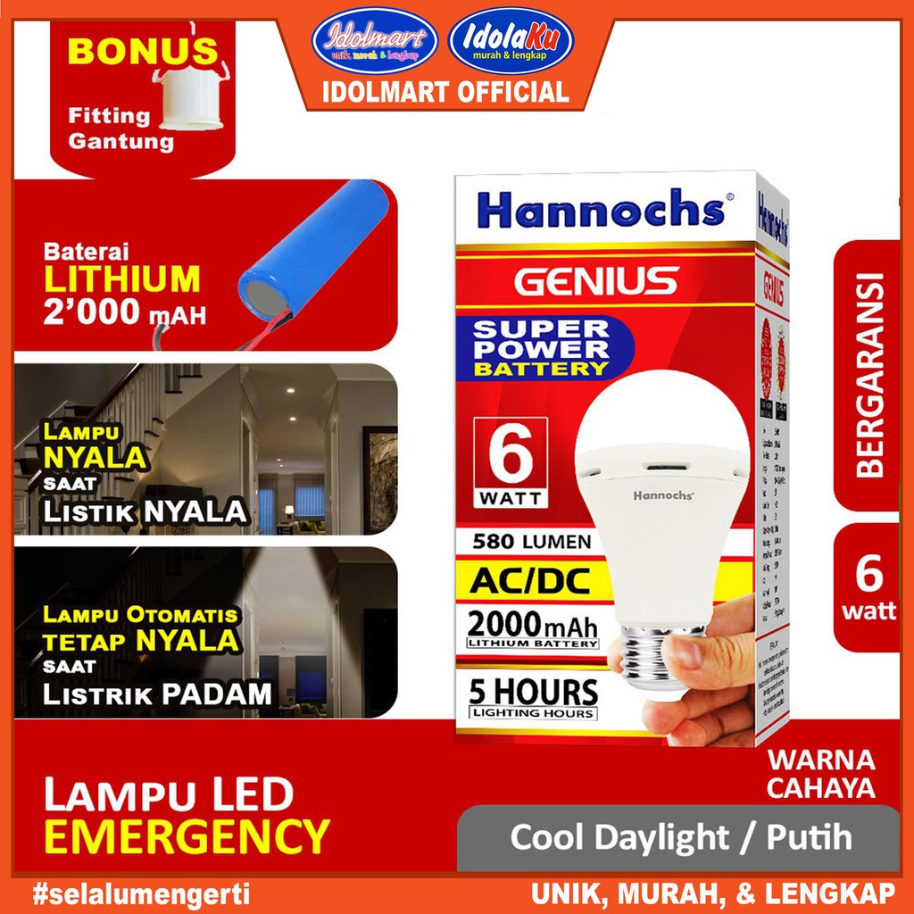 IDOLAKU Hannochs Lampu Emergency Led AC/DC Genius 6 watt cahaya Putih Lampu Darurat Hanoc