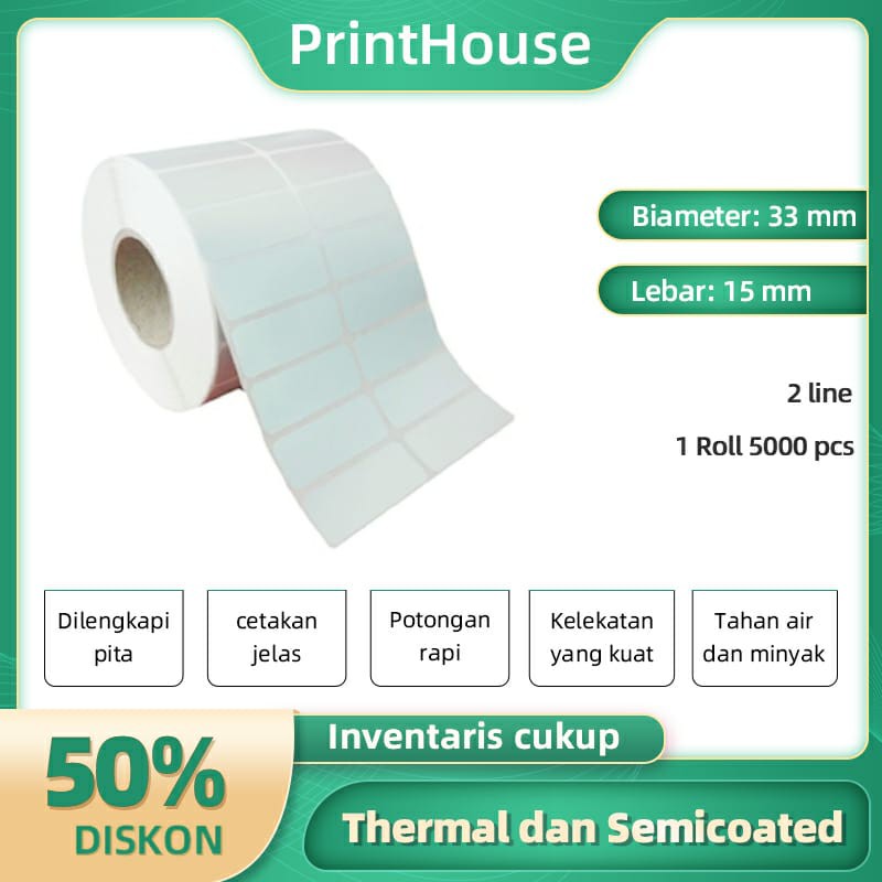 

Label Barcode 33x15-33x15mm-33x15 mm 2Line 500pcs/Roll Kertas Sticker Semicoated dan thermal MURAH