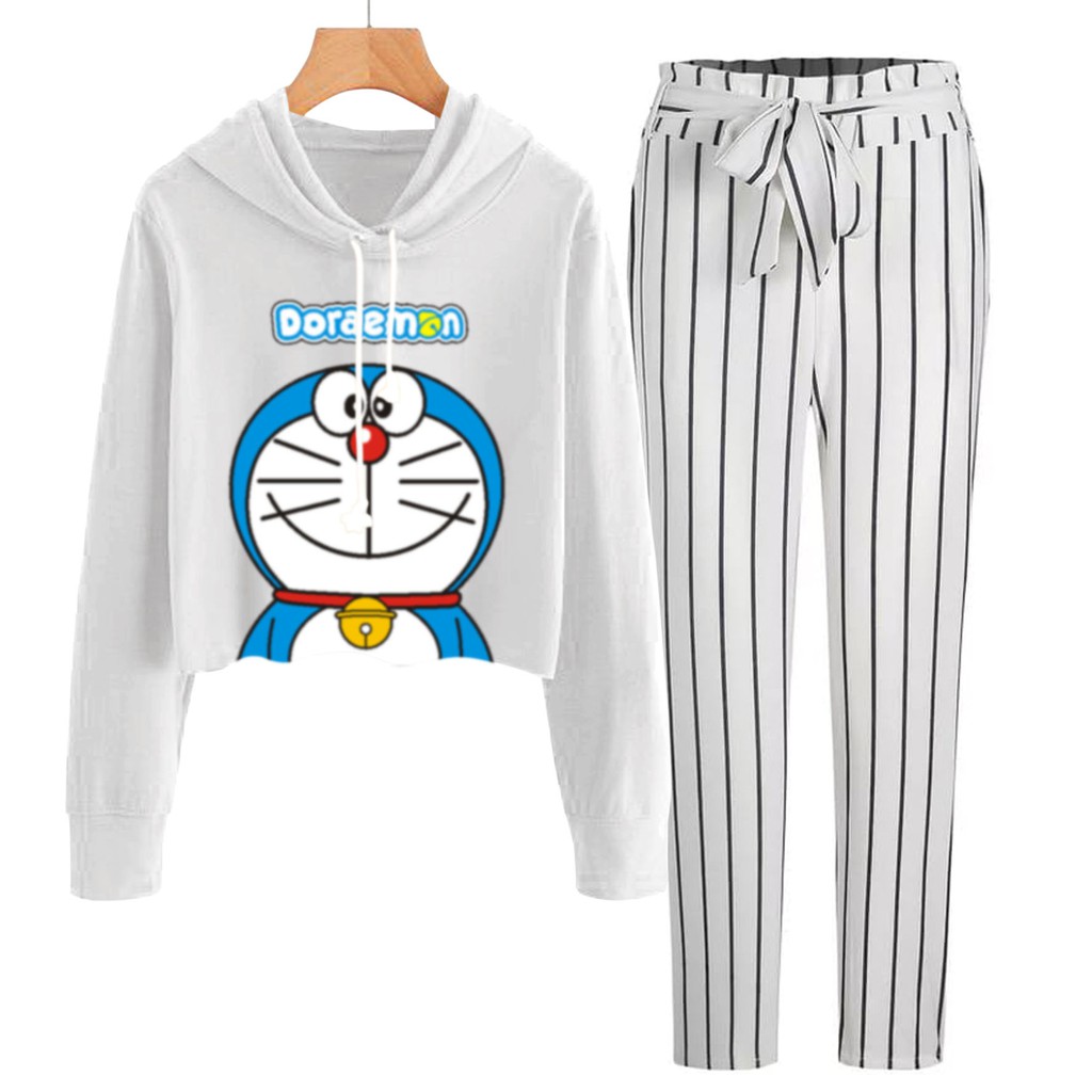 BESS - Baju Setelan Wanita Murah / Setelan Hoodie Crop + Celana Salur Putih - DORA
