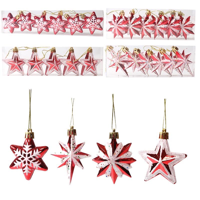 5 / 6pcs / Set Ornamen Gantung Pohon Natal / Tahun Baru Bentuk Bintang / Snowflake Bahan Plastik