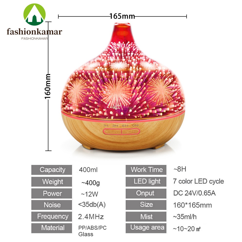 Humidifier Air 400ML Aromaterapi Difuser TANPA REMOTE Model Tetes Air Cembung Kaca (TIDAK FREE OIL)