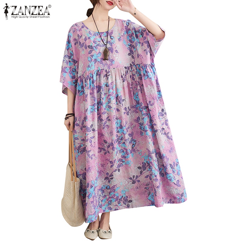 ZANZEA Women Fashion Casual Floral Printed Short Sleeve Holiday Loose Long Dress