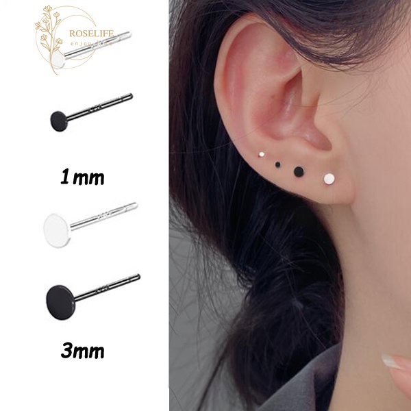 1 Pasang Anting Stud Mini Bentuk Bulat Warna Hitam Bahan S925 Silver Anti Alergi Untuk Unisex