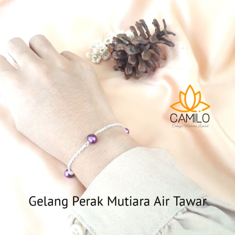 Gelang Perak Mutiara Air Tawar Ungu 3 Mutiara Kirim Dari Lombok