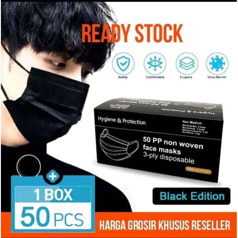 Masker 3ply Hitam 50pcs Earloop telinga hijab