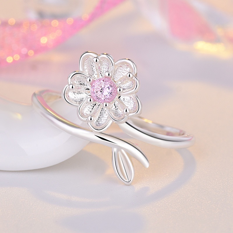 Cincin Sterling Silver 925 Model Bunga Dengan Batu Ruby Kubik Zirkonia Untuk Wanita