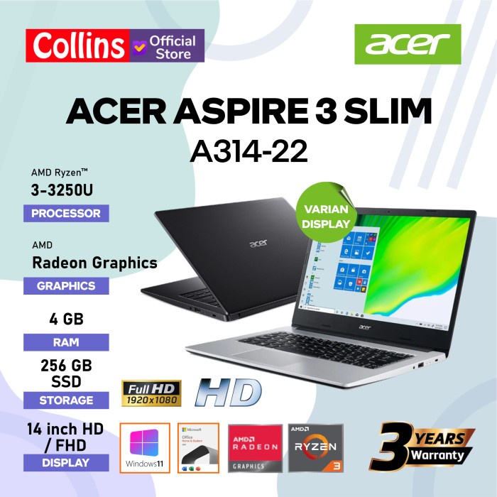 Acer Aspire 3 Slim A314-22 AMD RYZEN 3-3250U 4GB 256GB 14" FHD W10 OHS - HD (1366x768)