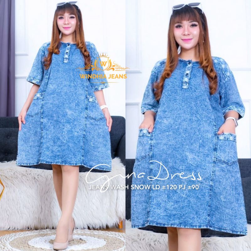 Gina Casual Dres Dress Jean Jeans Jins Denim Pakaian Fashion Wanita Jumbo Big Size