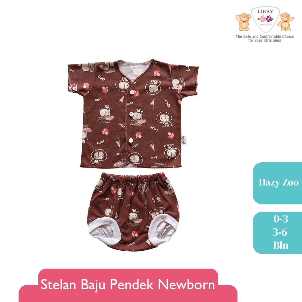 Baju Bayi Setelan Pendek Celana Pop LIBBY Newborn 0-6 Bulan Motif Hazy Zoo (1stel)