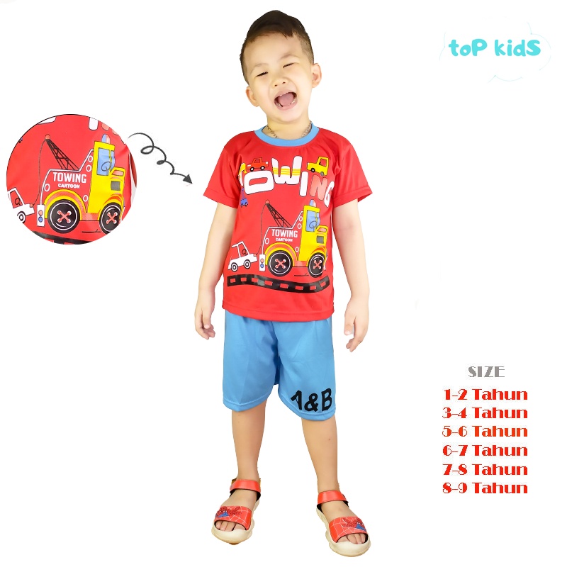 Baju Setelan Kaos Anak Laki-Laki Motif Towing Cars Mobil Derek