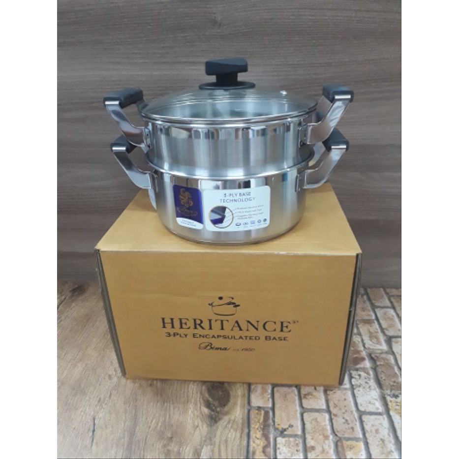 Bima Heritance Panci Steamer 20 cm 24 cm 28 cm Kukus Tim 2 Tingkat Susun Tutup Kaca Tutup Stainless