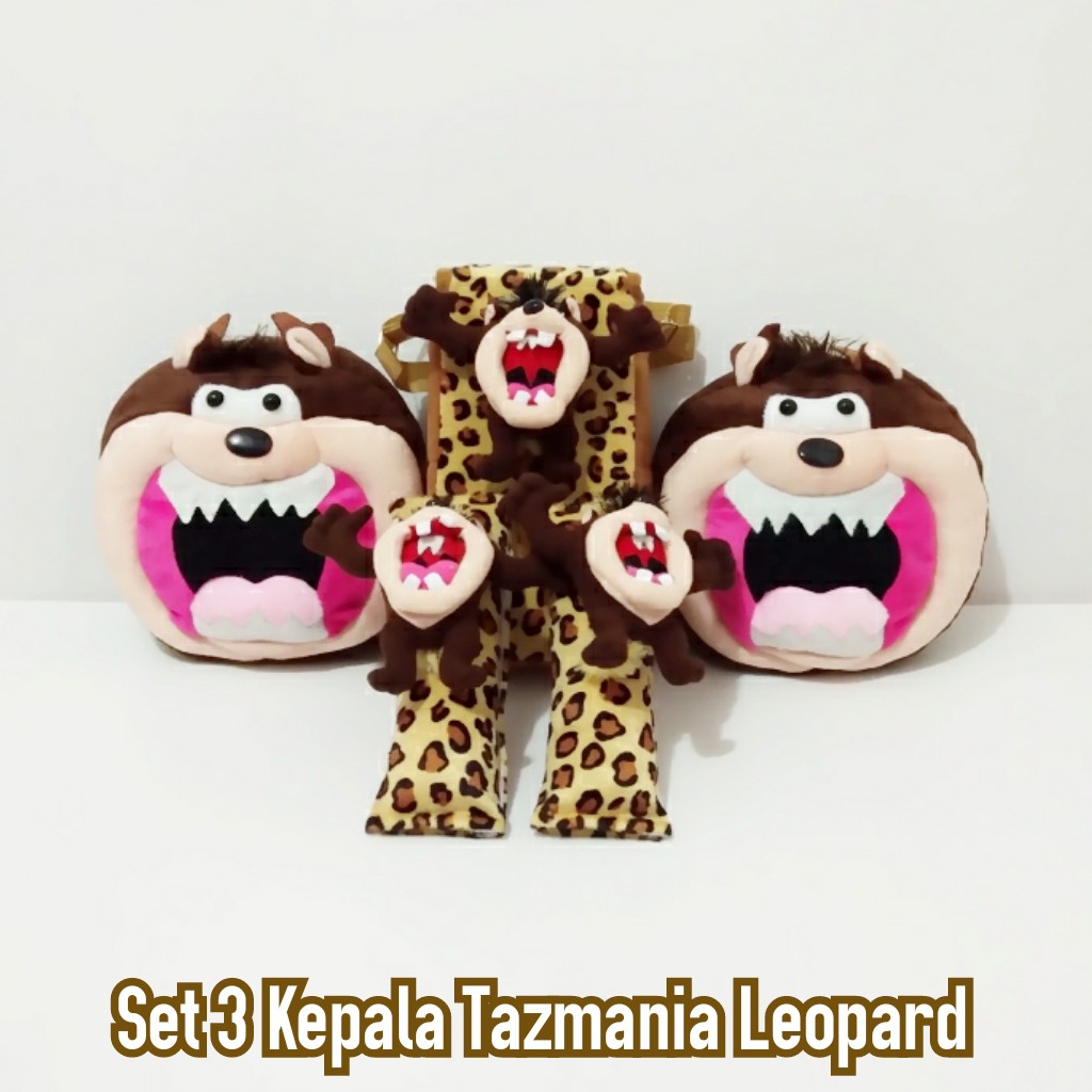 bantal mobil Sandaran Penyangga Set 3 Headrest Kepala Tazmania Leopard ( tisu tas )