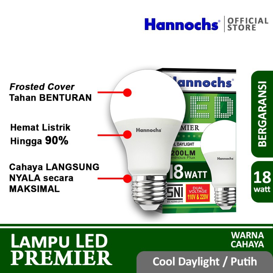 HANNOCHS PREMIER 18 WATT - Bola Lampu LED E27 18 Watt - Garansi 1 Tahun