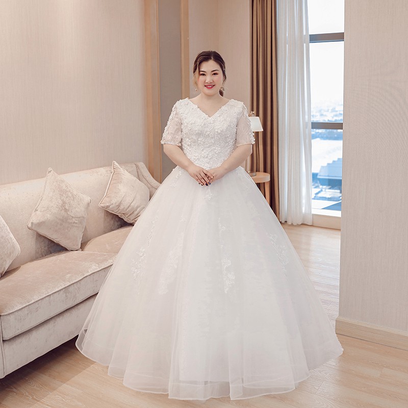 Gaun Pengantin 2012001 Putih Lengan Siku Big Size Wedding Dress Gown