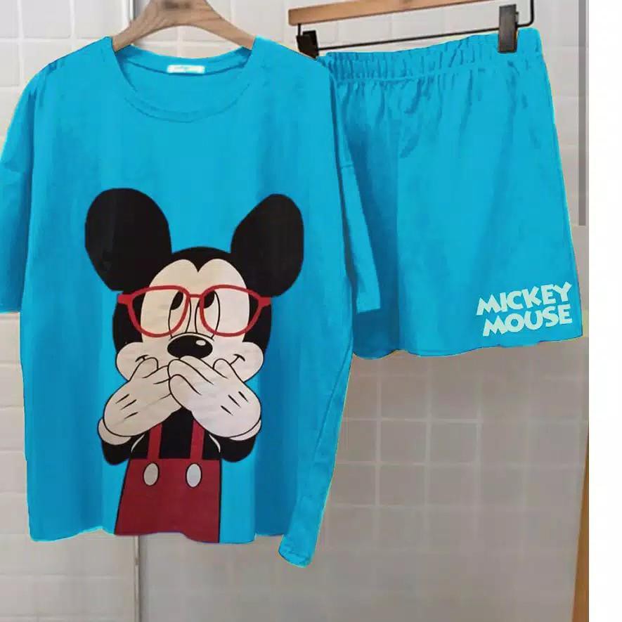 TBI 2 in 1 Setelan Baju Tidur Mickey Mouse Shy Setelan Wanita Kaos Mickey Mouse Lucu