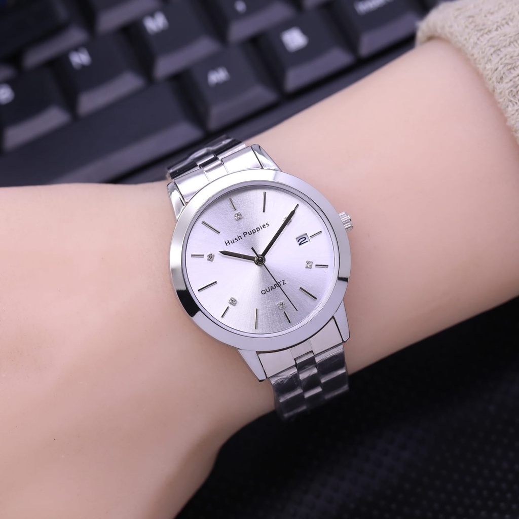 Jam Tangan Wanita Hush Puppies L6754S Tali Rantai Tanggal Aktif Free Box &amp; Baterai