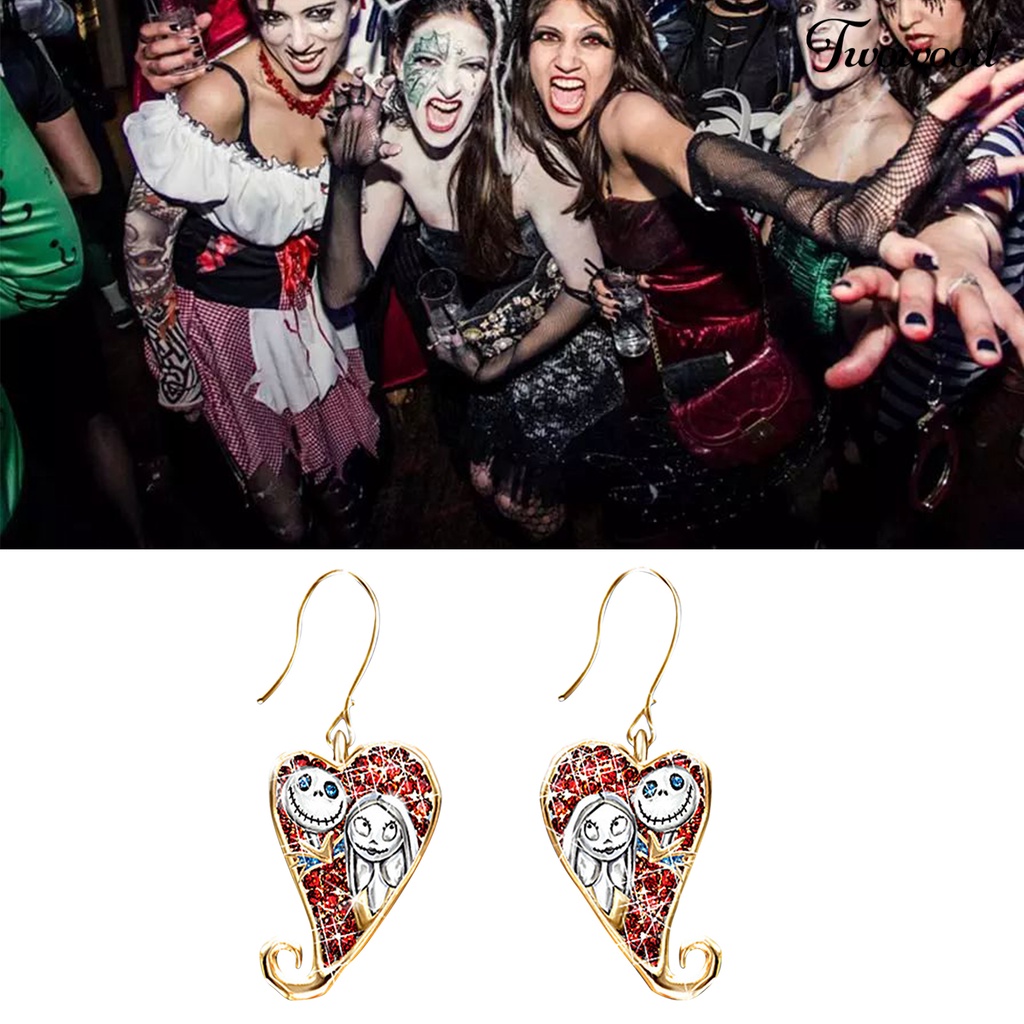 1 Pasang Anting Kait Bentuk Hati Motif Hantu Bahan Alloy Aksen Berlian Imitasi Untuk Pesta Halloween