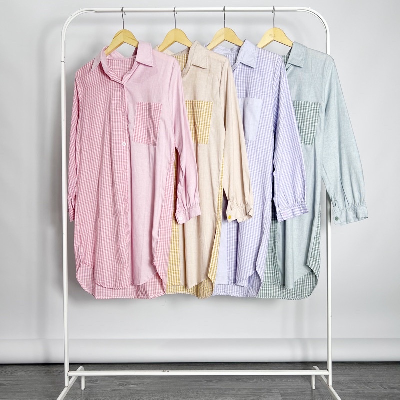 ATASAN TUNIK KEMEJA KOTAK KOMBINASI POLOS WANITA TIARA