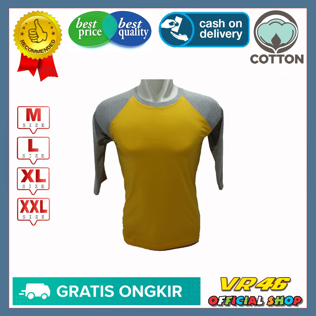 Kaos Raglan Polos Pria Lengan 3/4 Warna Kuning Lengan Abu Misty Size M L XL XXL Bahan Katun 24S 80
