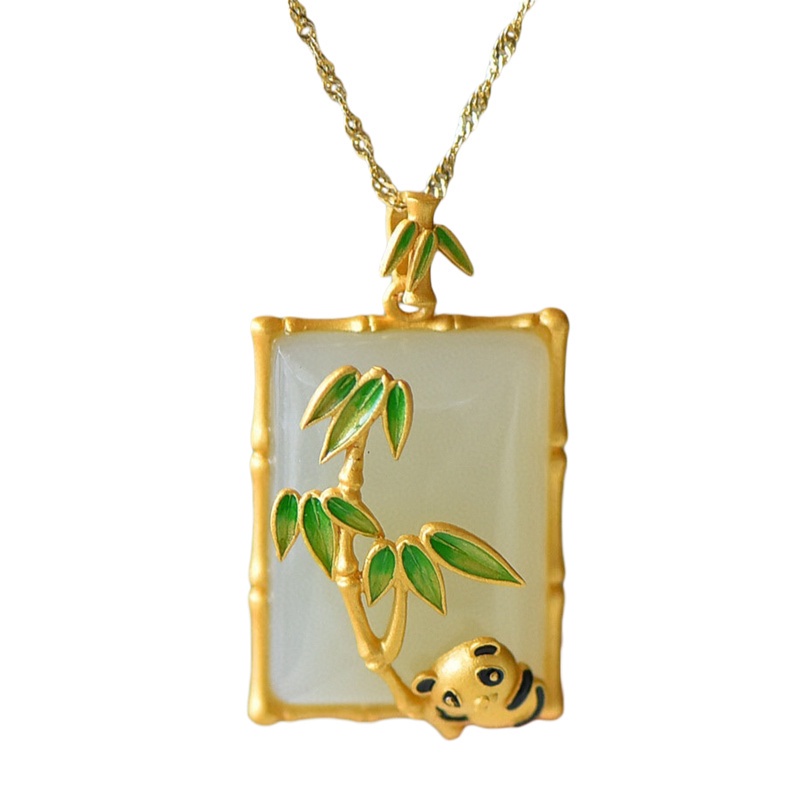 Fancyqube Kalung Liontin Batu Giok Hetian Bentuk Persegi Motif Panda Daun Bambu Gaya Vintage Untuk Wanita