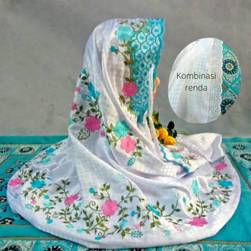 Mukena Semi Sutra Bordir Terusan Dewasa Jumbo Tekstur Kotak Kecil