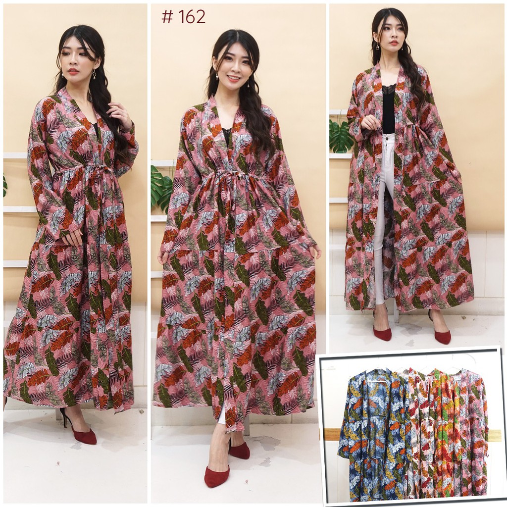 JakartaFashion - cardigan long serut tali depan kerut maxy outer katun panjang mata kaki motif daun
