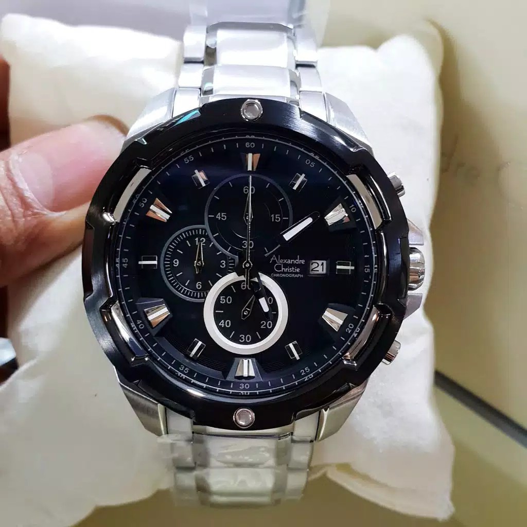 ALEXANDRE CHRISTIE ORIGINAL AC6305 SILVER PLAT HITAM JAM PRIA